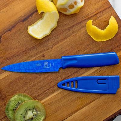 Mercer Culinary M33911B 4" Blue Non-Stick Paring Knife with Sheath