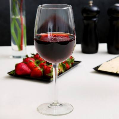 Libbey 7533-1358M Vina 16 oz. Wine Glass with Etched Pour Lines and "Vino!" Deco Design