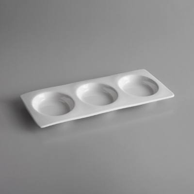 Libbey 999023302 Rigel Constellation 12 1/4" x 5 3/4" Lunar Bright White Porcelain Compartment Tray with (3) 3 oz. Wells