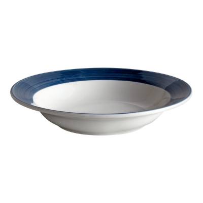 Libbey 999024740 Banded Rigel Constellation 14 oz. Lunar Bright White Porcelain Deep Rim Bowl with Steel Blue Solid Band