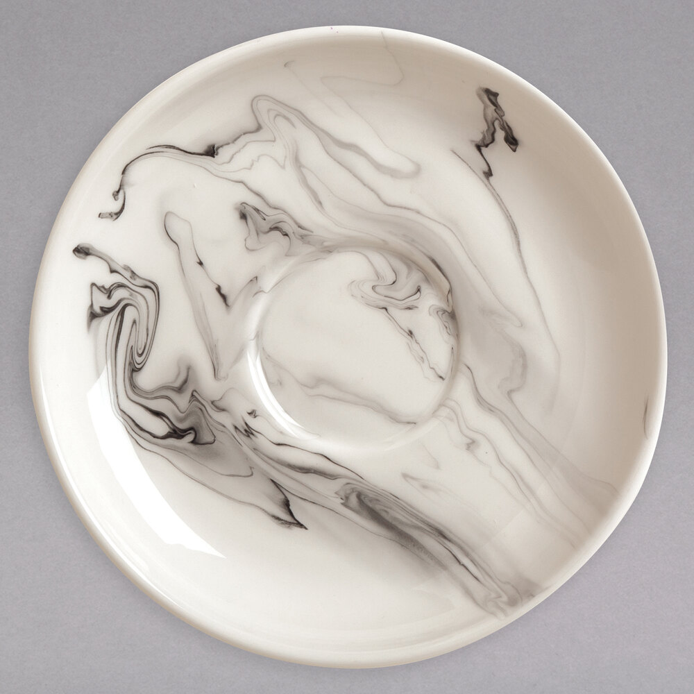 Reserve by Libbey 999533018 Smoke 6" Royal Rideau White / Black Swirl Porcelain Coupe Tea Saucer - 36/Case