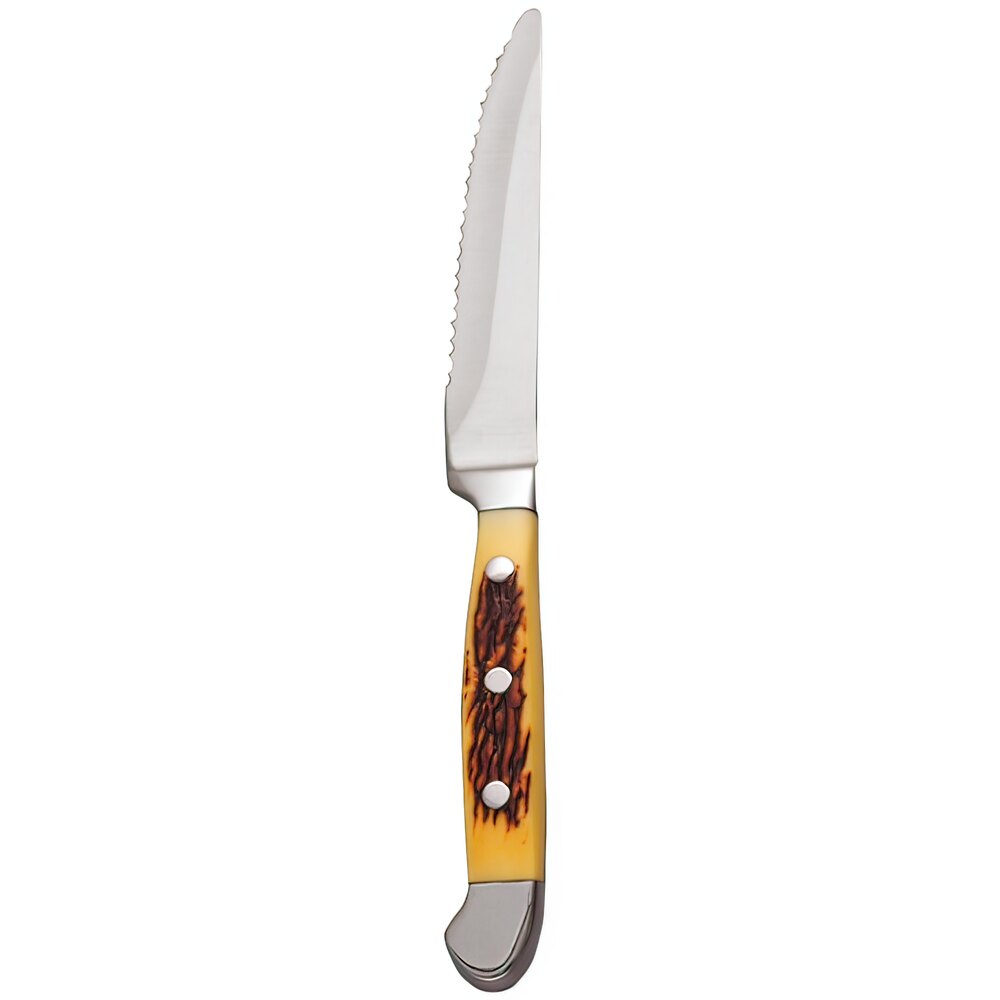 Libbey 201 2522 9" Stainless Steel Steak Knife with Yellow POM Handle - 12/Pack