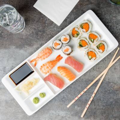 Libbey BW-3331 Chef's Selection II 15 1/4" x 6 1/4" Ultra Bright White Porcelain 3-Well Tray