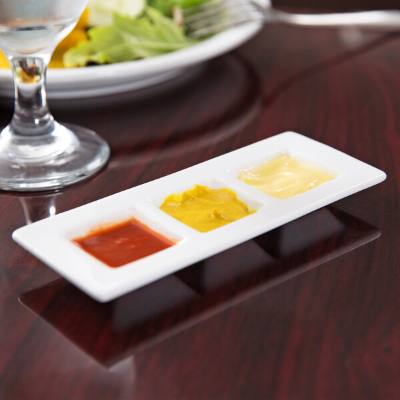 Libbey BW-6719 Chef's Selection II 6 1/2" x 2 1/2" Ultra Bright White Porcelain 3-Well Micro Tray