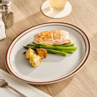 Libbey DSD-13 Desert Sand 11 1/2" x 9 1/8" Brown Speckle Ivory (American White) Narrow Rim Stoneware Platter with Brown Bands