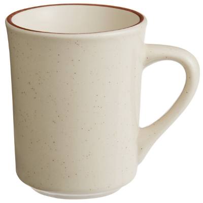 Libbey DSD-17 Desert Sand 8.5 oz. Brown Speckle Ivory (American White) Narrow Rim Stoneware Mug with Brown Band