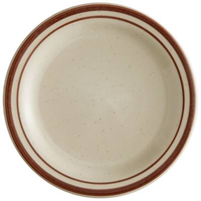 Libbey DSD-5 Desert Sand 5 1/2" Brown Speckle Ivory (American White) Narrow Rim Stoneware Plate with Brown Bands