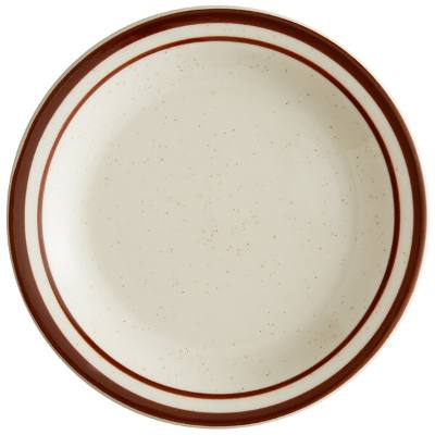 Libbey DSD-6 Desert Sand 6 1/2" Brown Speckle Ivory (American White) Narrow Rim Stoneware Plate with Brown Bands
