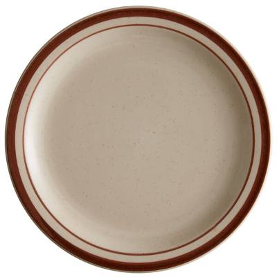 Libbey DSD-8 Desert Sand 9" Brown Speckle Ivory (American White) Narrow Rim Stoneware Plate with Brown Bands